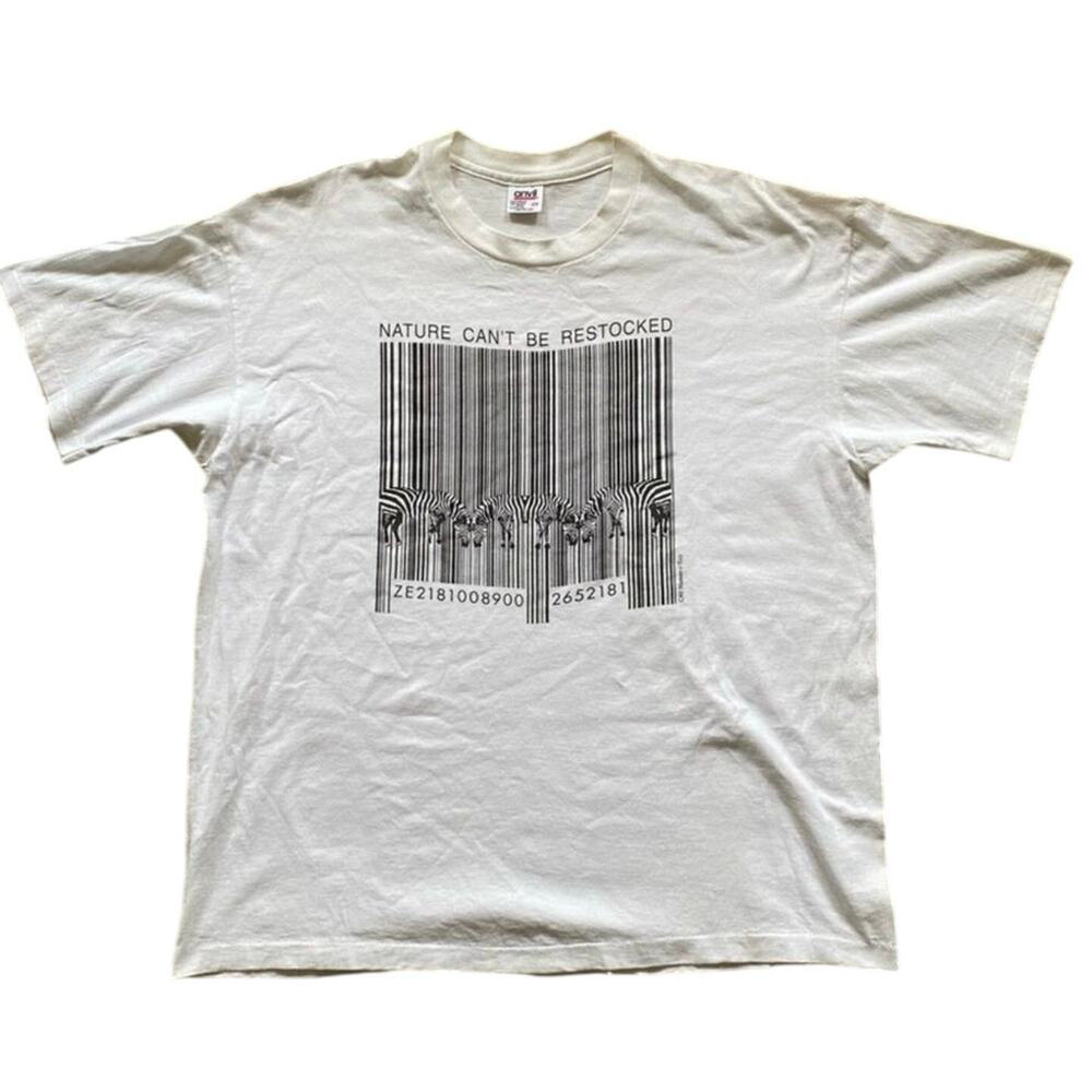 HUMAN I “Nature Can’t Be Restocked” Zebra Bar Code Tee in White, Size 2X